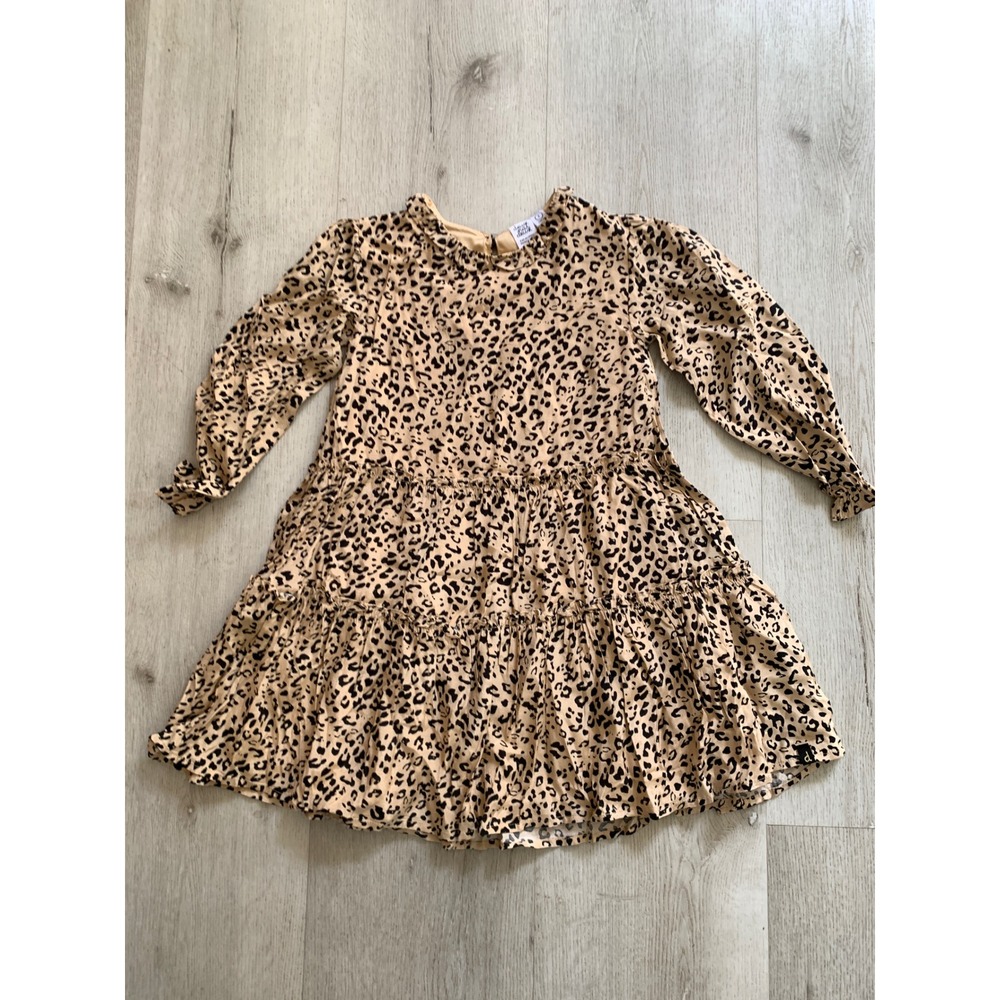 Deux par Deux Kids Leopard Print Tiered Ruffle Dress Tan Black Size 7 122cm